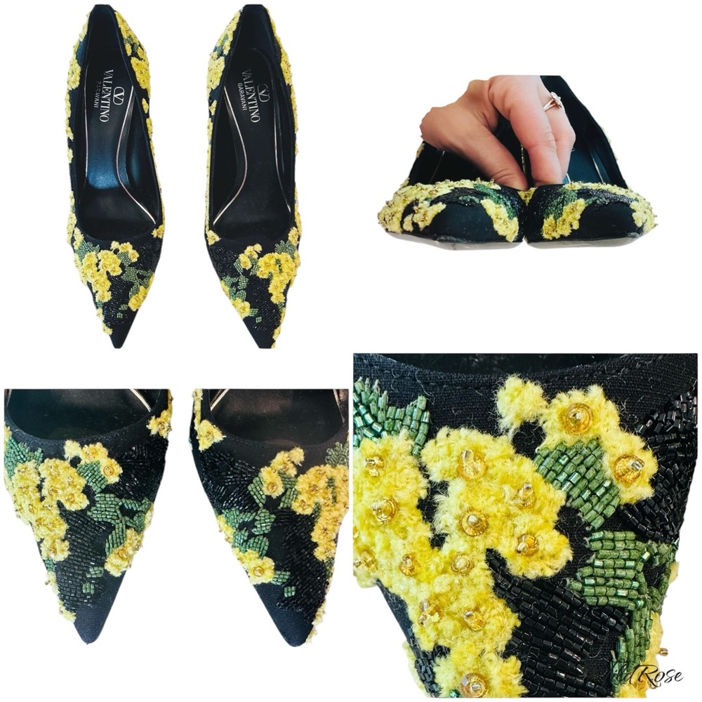 VALENTINO GARAVANI Floral Yellow Green Black Beaded & Embroidered Heels SZ 37 - Picture 15 of 17